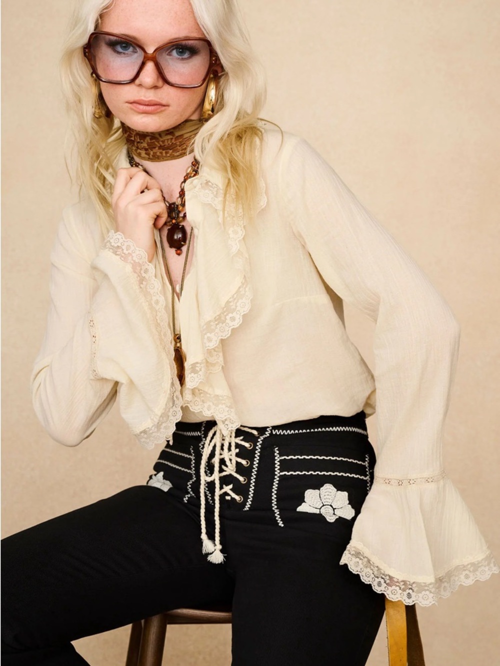 The Hippie Shake Storyteller Cream Lace Trim Ruffle Blouse UK 20 US 16